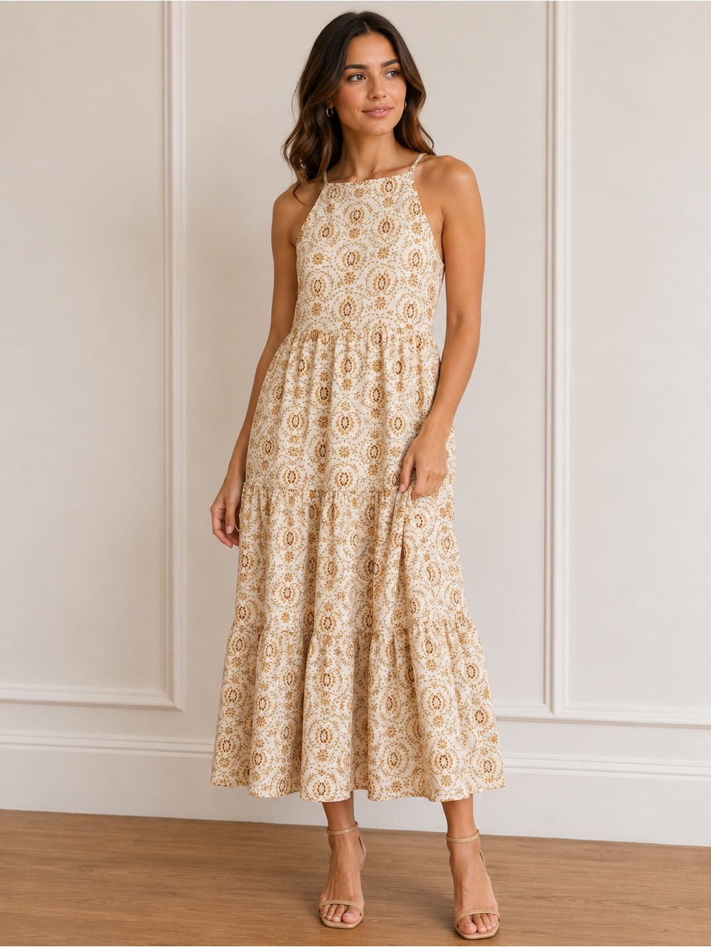 New American Eagle Cream Boho Print Tiered Maxi Dress Sleeveless Cottagecore